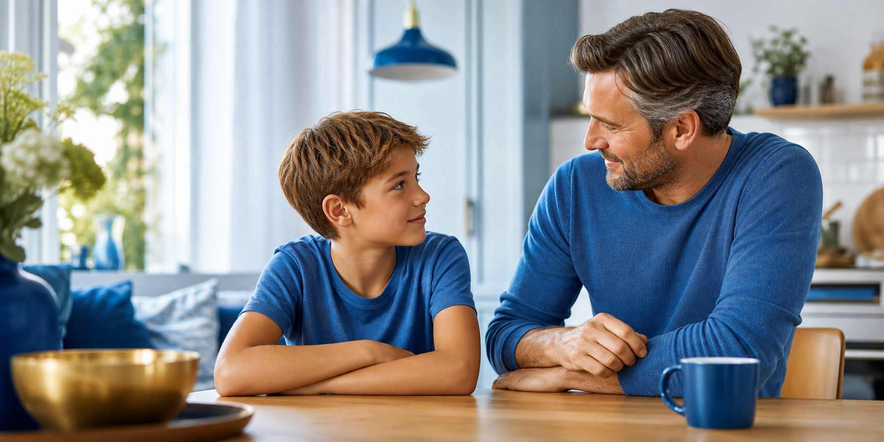 En familie som samles til en god samtale i et lyst og sosialt miljø